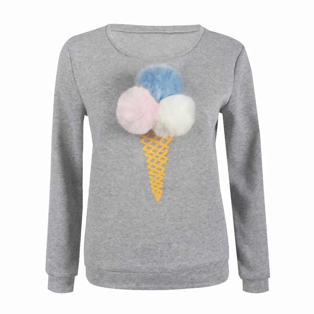 Осень-зима, женские пуловеры, мороженое, 3D искусственный мех, плюшевый шар, джемпер, повседневные женские топы, толстовки