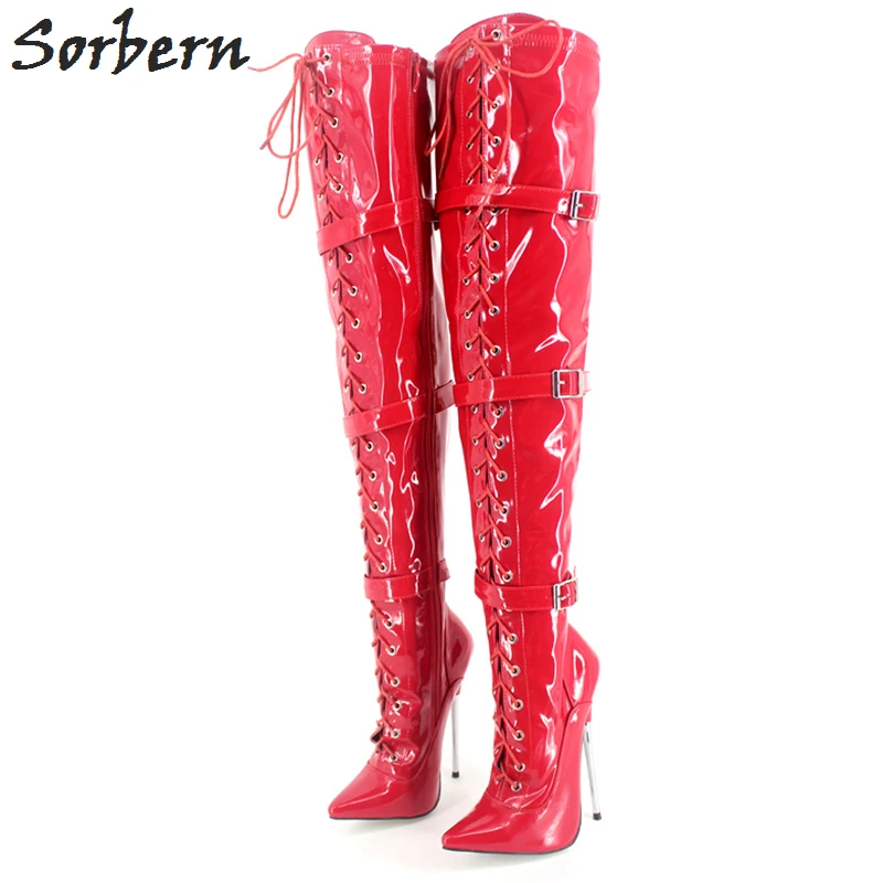 

Sorbern 2018 Sexy Metal Spike Heel Over The Knee Balck Buckle Pointed Toe Thigh High Woman Long Boots