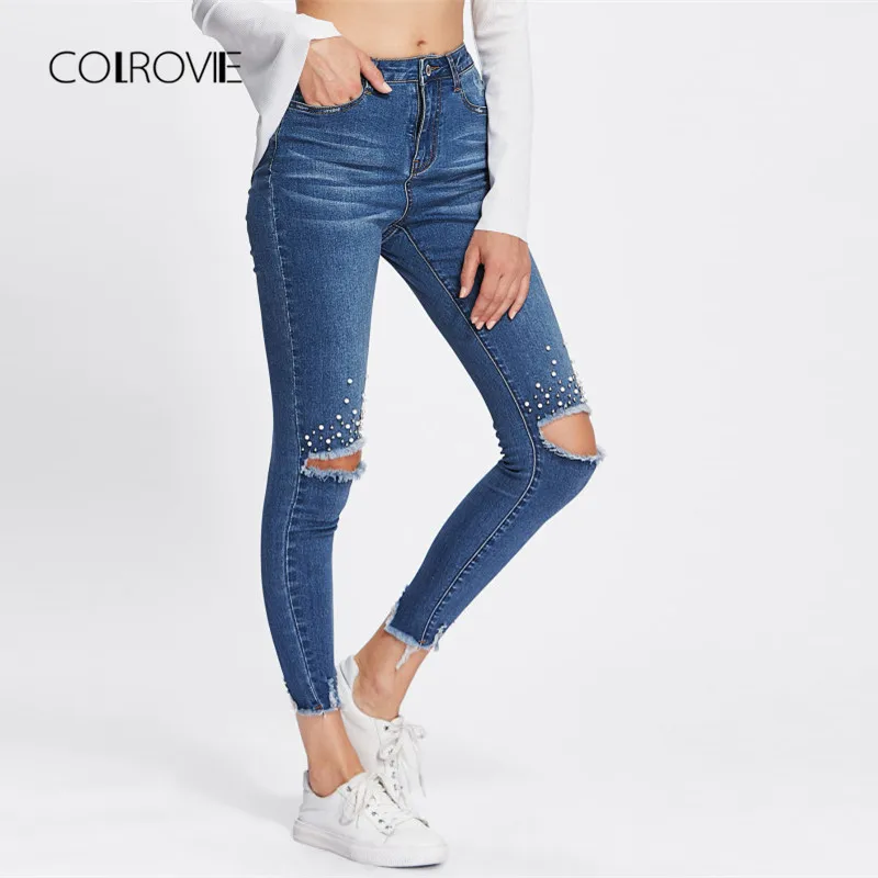 

COLROVIE Blue Casual Pearl Beading Ripped Casual Denim Jeans 2018 Autumn Streetwear Mid Waist Jeans Female Stretchy Pants