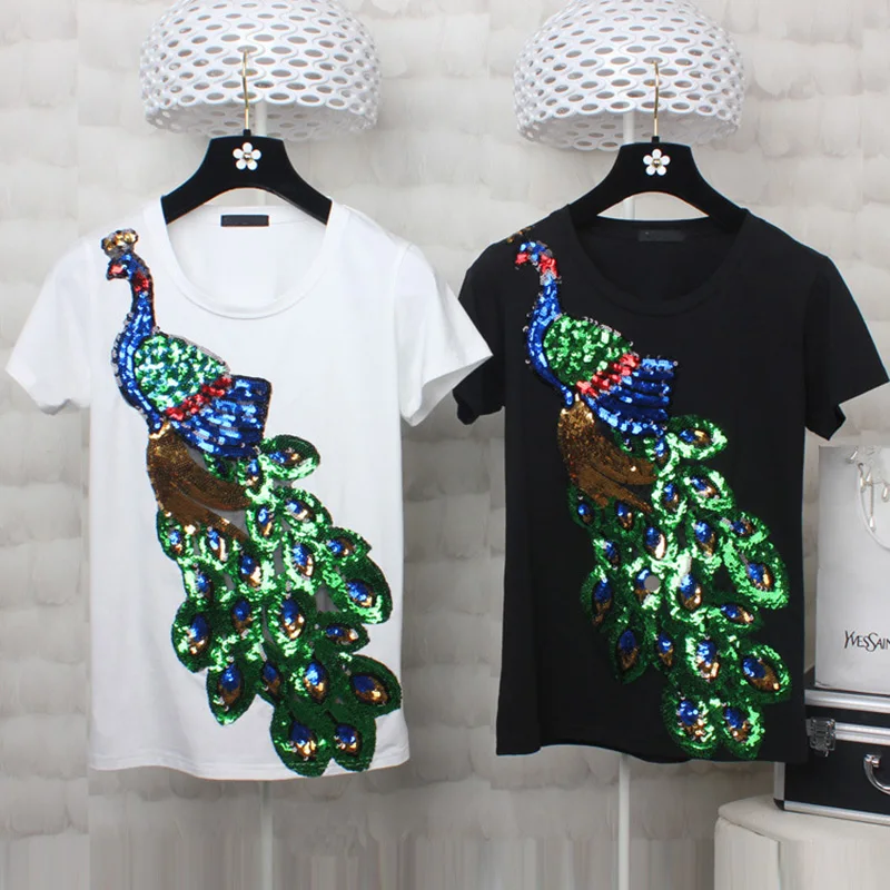 

Summer t shirts Women 2017 Fashion Ladies Short Sleeve Peacock Sequin White Black tshirt Oversized t-shirt Femme Plus size S-4XL
