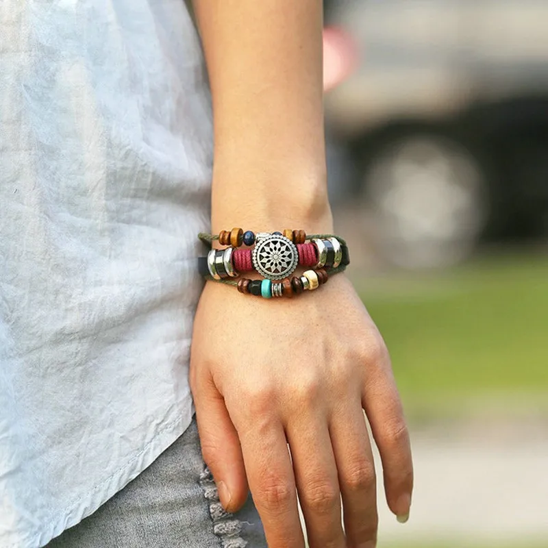 Фото Винтажный многослойный Плетеный Кожаный браслет в богемном стиле с бусинами