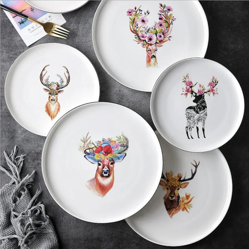 

Creative Nordic Elk Hand-painted Black Side Ceramic Plate Western Steak Plate Breakfast Plate Household Simple Round Tray 1PC