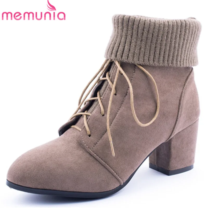 

MEMUNIA 2018 new arrival ankle boots for women flock autumn winter boots pointed toe high heels shoes fashion boots