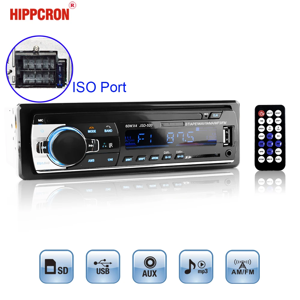 Hippcron автомобиля радио MP3 плеер FM аудио ISO Вход музыка цифровой стерео Bluetooth 60 Вт х 4
