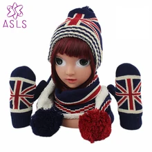 Новое поступление, высокое качество, акция, Великобритания, детская вязаная шапка шарф перчатки, 3 предмета, зимний комплект для девочек и мальчиков, британский флаг, дизайн, стиль