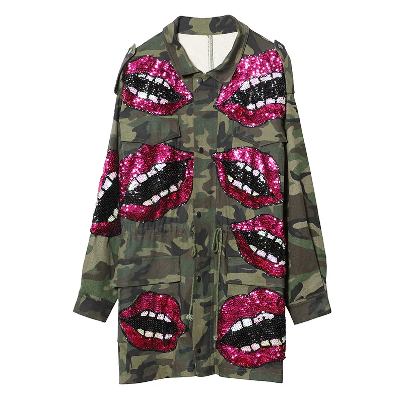 2018 Lips Sequins Beading Spring Jacket Coat Women Army Green Camouflage Women Bomber Jacket Casaco Feminino Women Basic Coats 2018 Lips Sequins Beading Spring Jacket Coat Women Army Green Camouflage Women Bomber Jacket Casaco Feminino Women Basic Coats