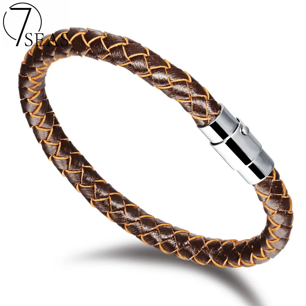 7SEAS Genuine Leather Knitted + Clasp Bracelets Bangles