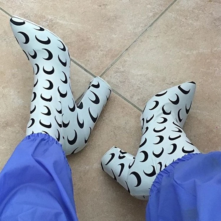 

Printed Moon Stretch Sock Boots Women Nude White Chunky High Heel Ankle Boots Pointed Toe Botas Mujer Party Dress Shoes Ladies