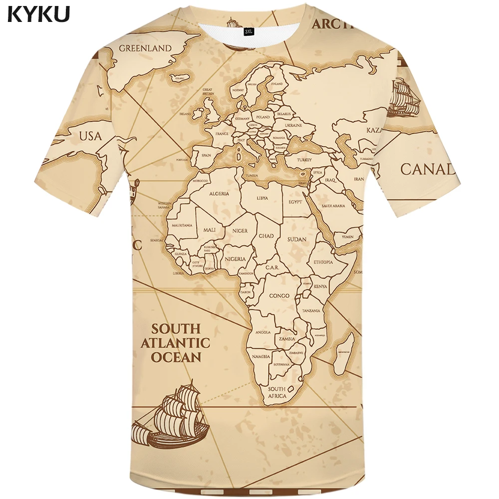 

KYKU World Map T shirts Men Vintage T shirt 3d Sailboat Tshirt Homme Geometric Print Tshirts Casual Short Sleeve New Rock Man