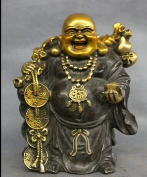 

xd 002224 Chinese Bronze Gilt Gourd YuanBao Coin Happy Laughing Maitreya Buddha Statue