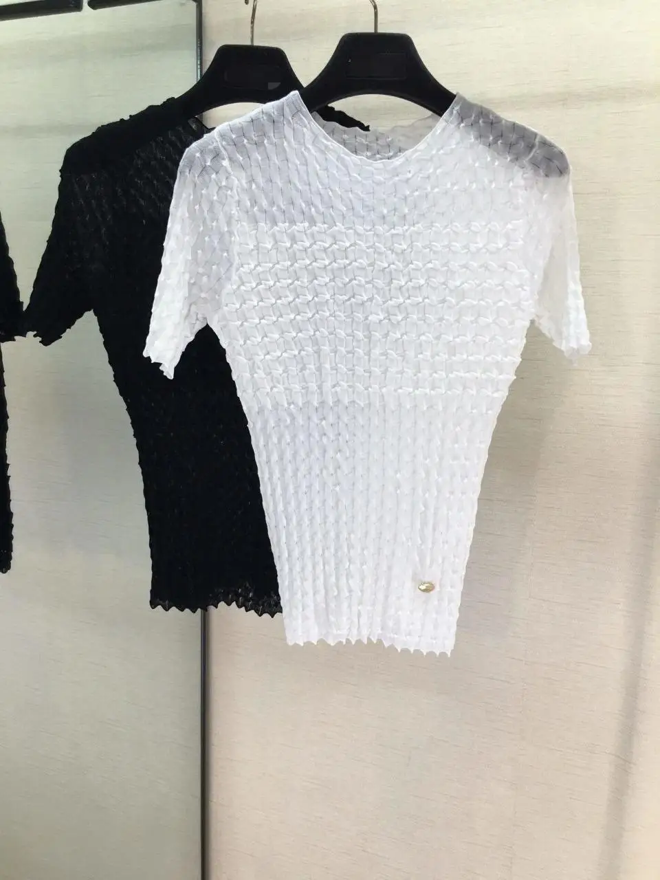 

2019 summer female new fashion small fragrance thin stretch short-sleeved shirt 0719