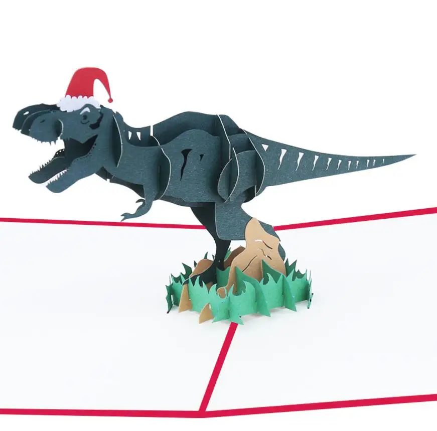  10pcs Christmas Cap Dinosaur Handmade Kirigami Origami 3D Pop UP Greeting Invitation card For Weddi - 32909378326