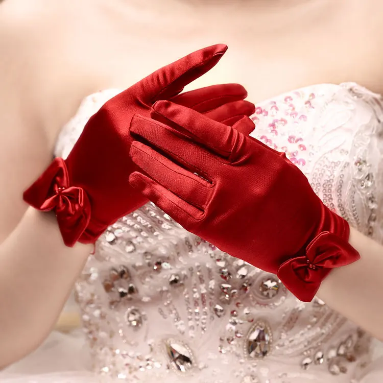 Short red finger flower girl bridesmaid gloves women lady dancing party