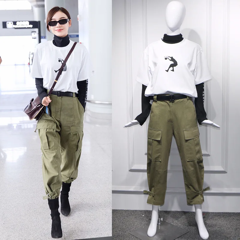 

In The Spring of 2019, Mingxingyuanshanshan Was The Same Army Green High-waisted Nine-cent Trousers Ankle-Length Pants Women
