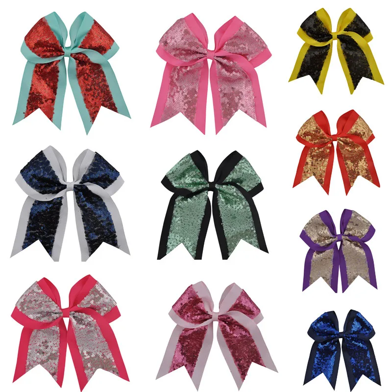 1Pc 8 Inch Fashion Sequin Bows Cheerleading Bow With Clip 2 Color Patchwork Hairpins School Kids Headwear Hair Accessories