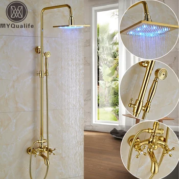 

Modern LED light 12" Square Rain Shower Mixer Taps Dual Handle In Wall Tub Spout with Brass Handshower Shower Faucets