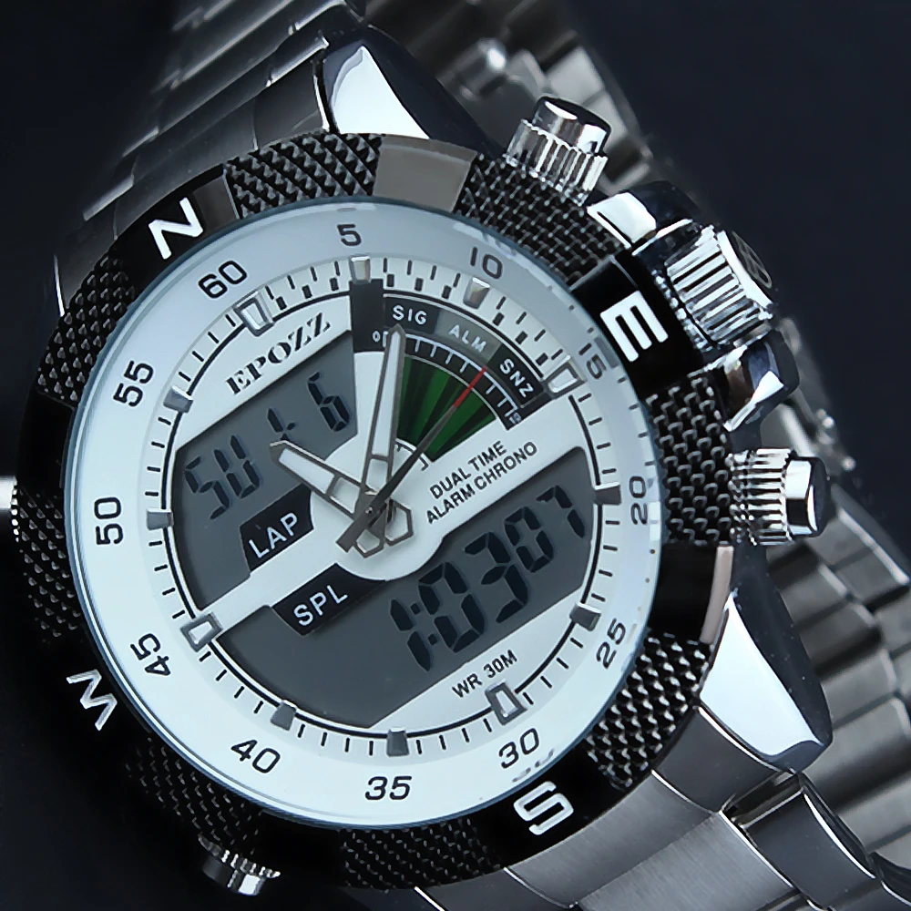 EPOZZ Brand Silver Men's Business LED Display Watch Analog Chronograph Alarm Digital Calendar