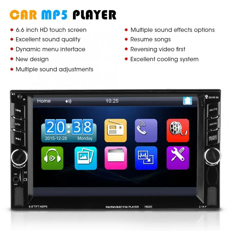 6.6inches HD 2 Din MP5 MP3 Player Touch Screen Car FM Radio Stereo Bluetooth Rear Camera Remote control with live delivery
