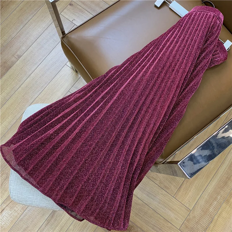 

19 Spring and Summer Sparkling Gold Thread Blended Dark Gold Red Pleated Half Skirt A-Line Solid Casual Women Clothing Skirts