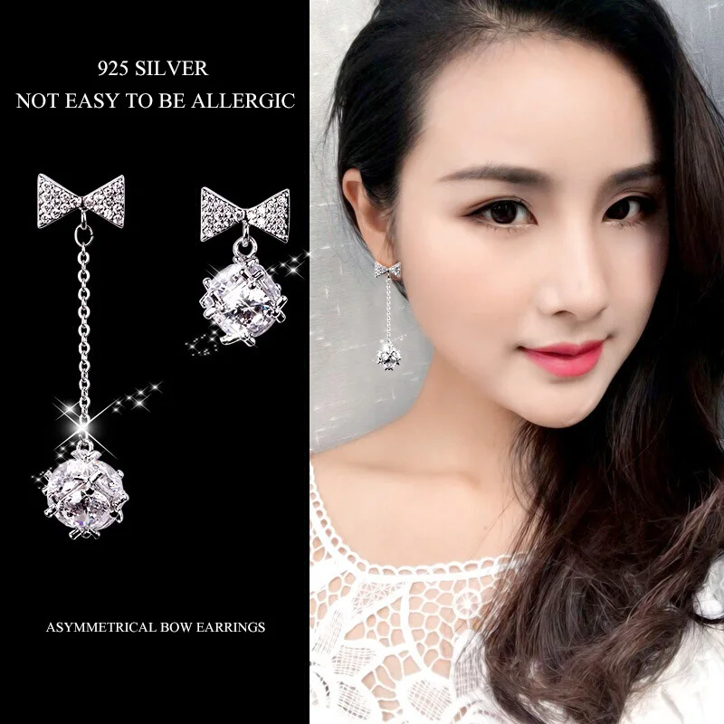 

Korean style beautiful bow asymmetrical earrings female simple 925 silver needle crystal ball bow earrings