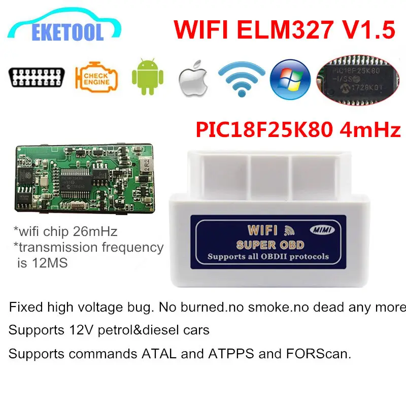 20 шт./пакет V1.5 PIC18F25K80 WI FI OBD2 автомобиля Интерфейс ELM 327 Беспроводной работает на