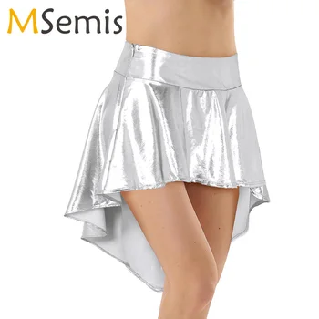 

Women sexy dance Mini Skirt Shiny Metallic rave outfit for Jazz Star High Waist Asymmetric High Low Flared Pleated A-Line Skirt