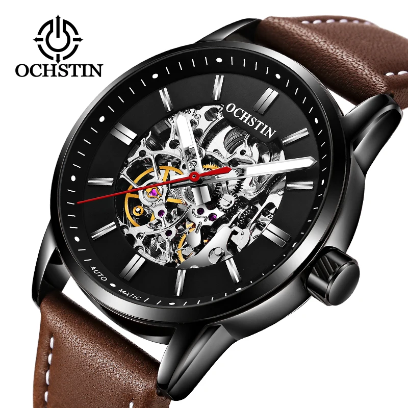 Бренд ochstin кожаный Tourbillon водонепроницаемые часы Автоматические Мужские механические часы военные часы Relogio Masculino