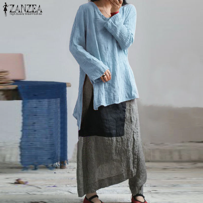 

2019 ZANZEA Autumn Shirt Femme Casual Women Long Sleeve Blouse Loose Split Hem Solid Top Cotton Linen Kaftan Vestido Plus Size