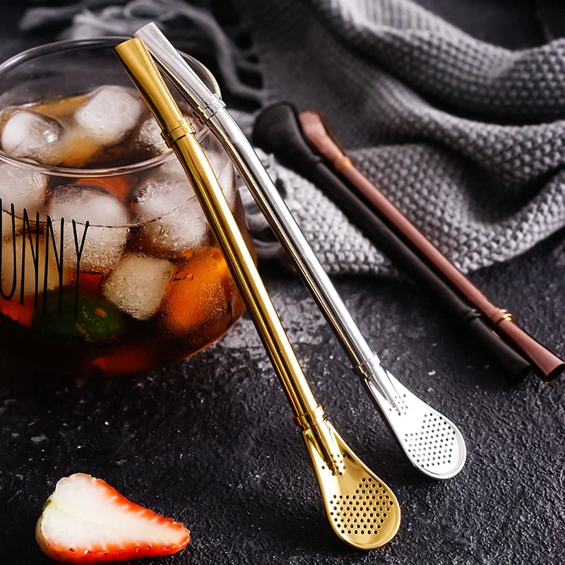 1pc Reusable Stainless Steel Straws Yerba Mate Tea Spoon Straw Silver Gold Metal Drinking Straws