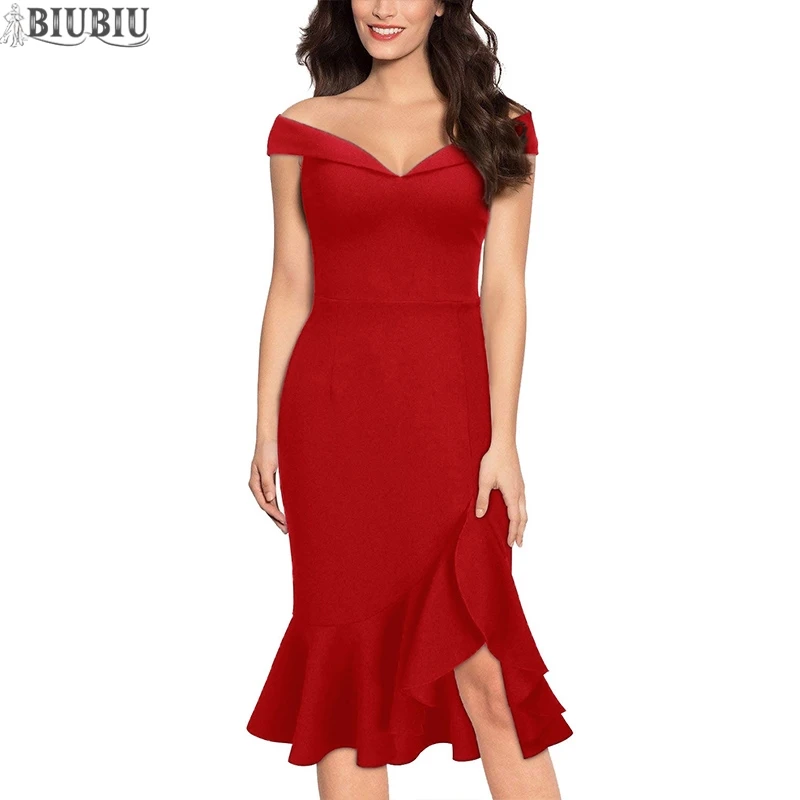 

BIUBIU Sexy V-neck Women Trumpet Dress Solid Sleeveless Office Lady Gown Party Dress Irregular Woman Mermaid Vestidos De Fiesta