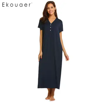 

Ekouaer Women Sleepwear Long Nightgown Casual Solid Front Button Short Sleeve V Neck Nightdress Female Chemise Sleepshirts Dress