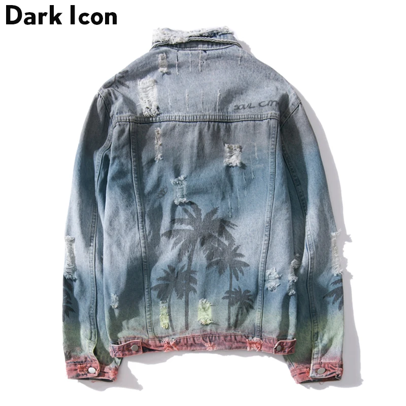 Dark Icon Ripped Denim Jacket Men 2018 Turn-down Collar Jeans Jacket Hip Hop Jacket Coconut Tree Jackets for Man Male Clothes