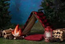 Camping Tent Campfire Wood Lumberjack tree Outdoor Background Vinyl cloth High quality Computer print children kids backdrop
