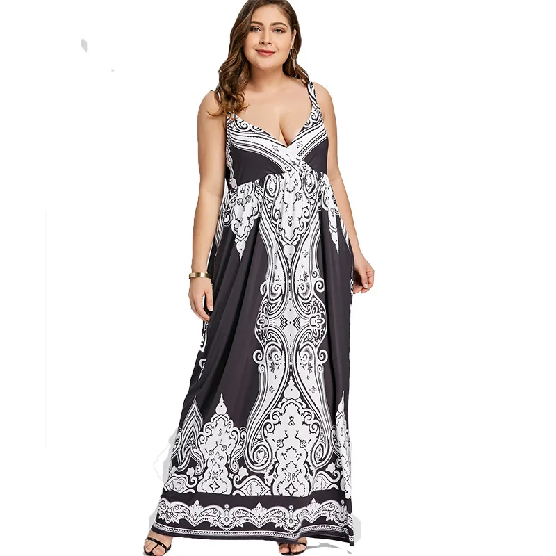 ROSE GAL 5XL Арабский Принт Спагетти Ремень Boho Макси Длинное Платье Женщины Большой