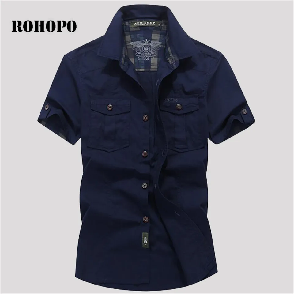 

AFS JEEP Short Sleeve Man's Casual Cotton Shirt,short sleeves slim fit button down collar loose Cardigan shirts,military camisa