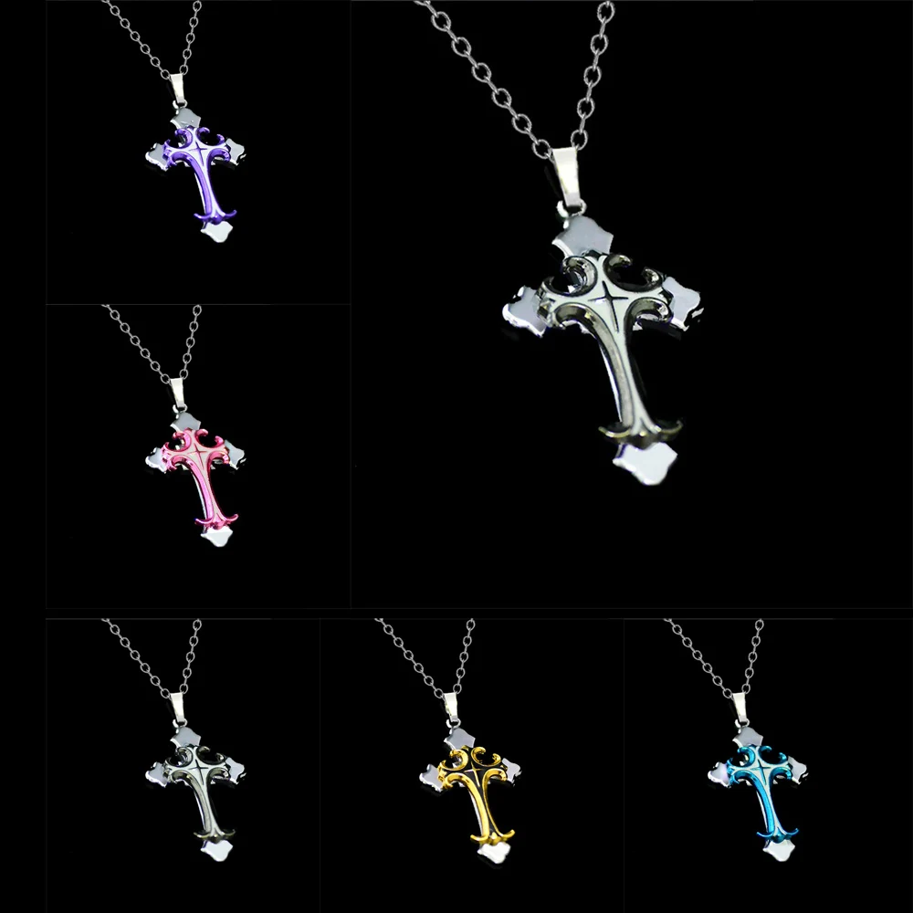 

5 Colors Silver Gold Rose Purple Cross Flower Pendant Necklace Chain Boho Women Men Girls Statement Jewelry Religion Collier