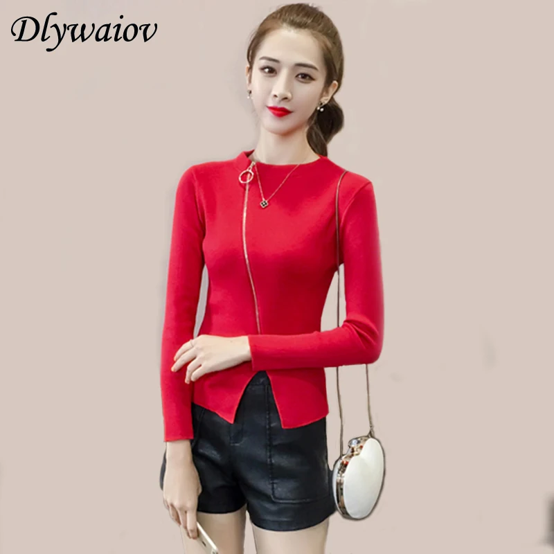 New Slim Zipper Dew Navel Sweater Women Solid Color Knitted Top Female Sexy Hight 2018 Autumn Winter Long Sleeve Bottoming Tops