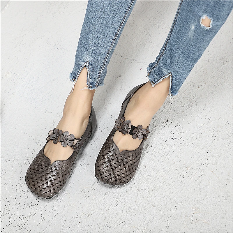 

Women Leather Flats Gray Hollow Out Summer Shoes 2019 Flower Sweet Girl Genuine Leather Loafers For Women Retro Handmade Shoes
