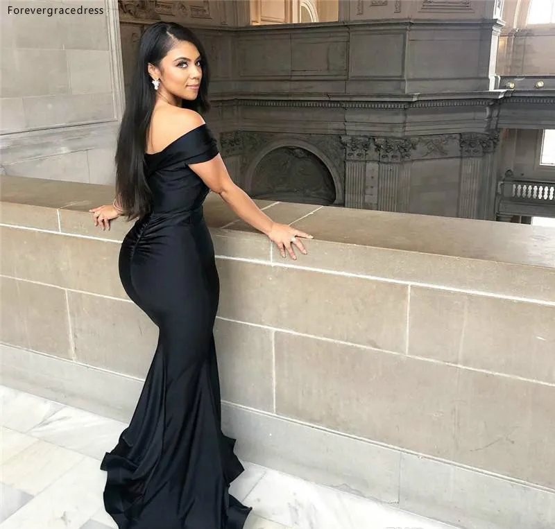 Black Mermaid Bridesmaid Dresses Sexy Off Shoulder V Neck Pleats Long Wedding Guest Party Evening Gowns Prom Dress  93 (1)
