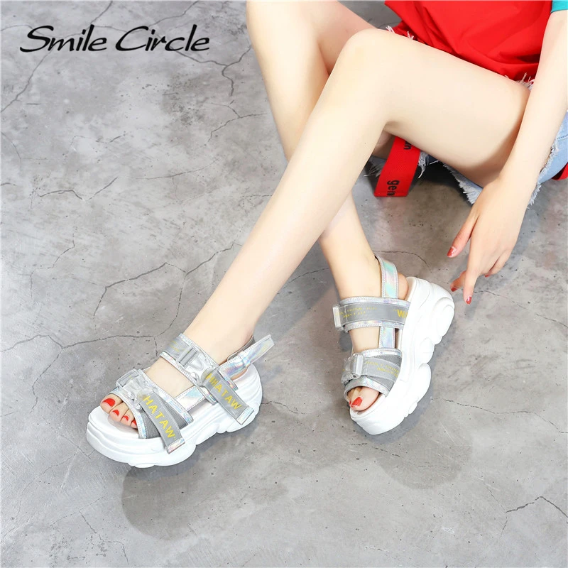 Smile Circle chunky sandals women fashion Ribbon Thick bottom Flat platform sandals women summer Shoes