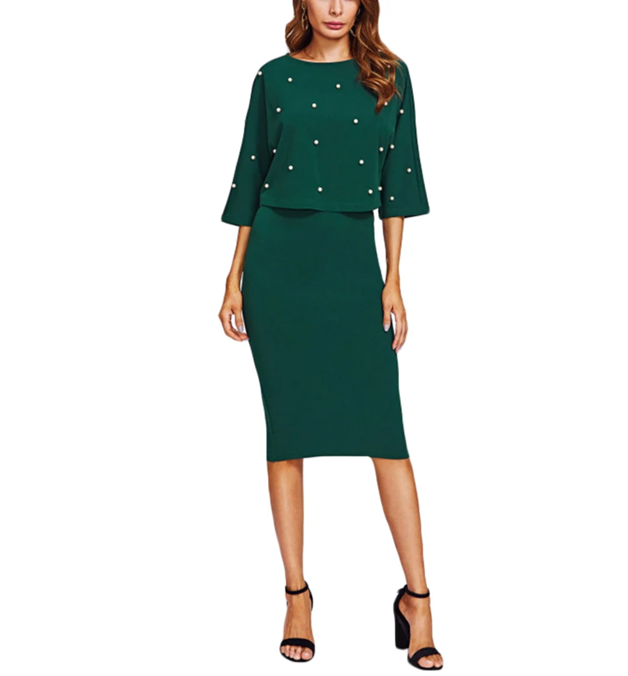 Женский стиль сафари офисное платье женские жемчужные Украшенные осенние платья женское вечернее платье для работы зеленый