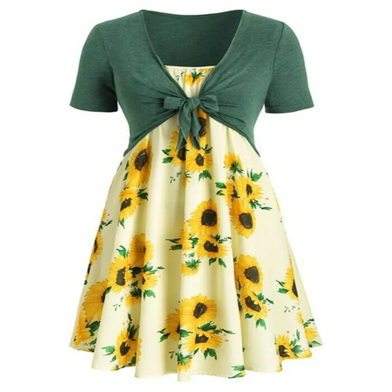 

2019 Summer Ladies Bohemian Outfits Set Sexy Deep V-neck Top+Dress Casual Sleeveless Floral Women Outfits Two Piece Clothing Set