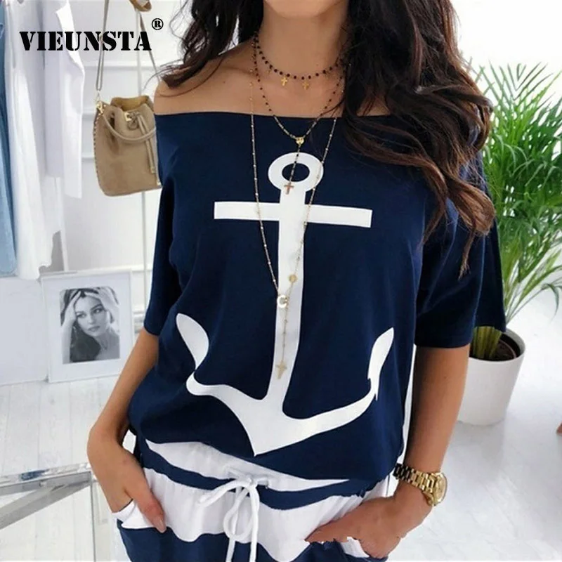VIEUNSTA Sexy Slash Neck Print Blouse Shirt Women Summer Off Shoulder Batwing Sleeve Casual Tops Plus Size Loose Blusas Feminina