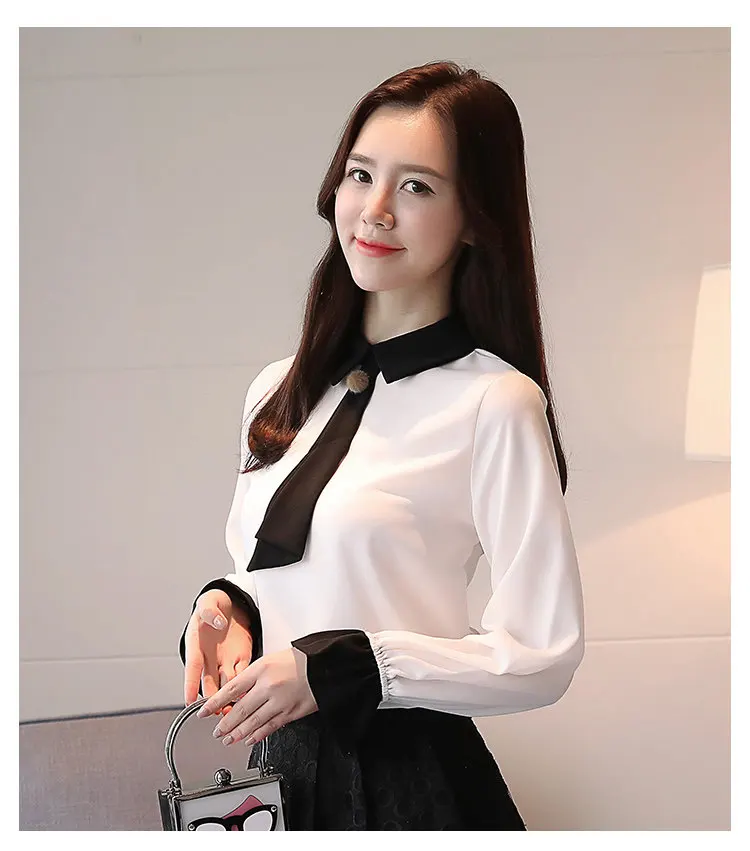 Women Blouses New 2019 Casual Autumn Shirt Elegant Bow Long Sleeve Tops Patchwork Chiffon Blusas Mujer OL Office Blouse (9)