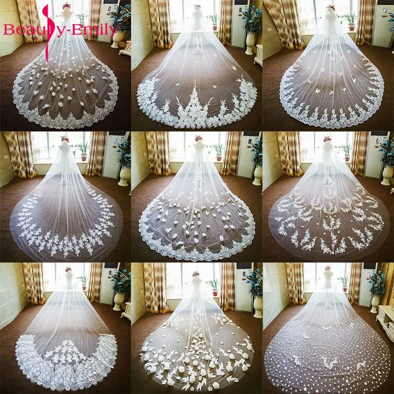 Beauty-Emily Wedding Accessories velos de novia Bridal Veil Long Appliques Lace Wedding Veil veu de noiva curto