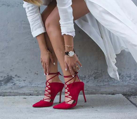 

Abesire Women Red Flock High Heels Dress Party Shoes For Ladies Pointed Toe Lace-up Ankle Strap Sandals Woman Slingback Shoes