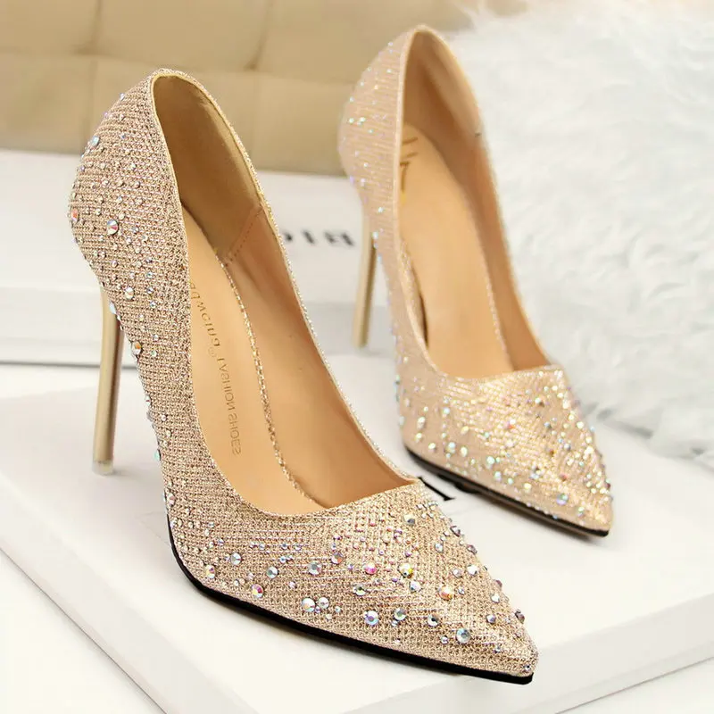 BIGTREE/женские туфли-лодочки с острым носком пикантные женские вечерние туфли на тонком каблуке с блестками и стразами; многоцветные туфли высокого качества; женская обувь; 305-1 - Цвет: gold