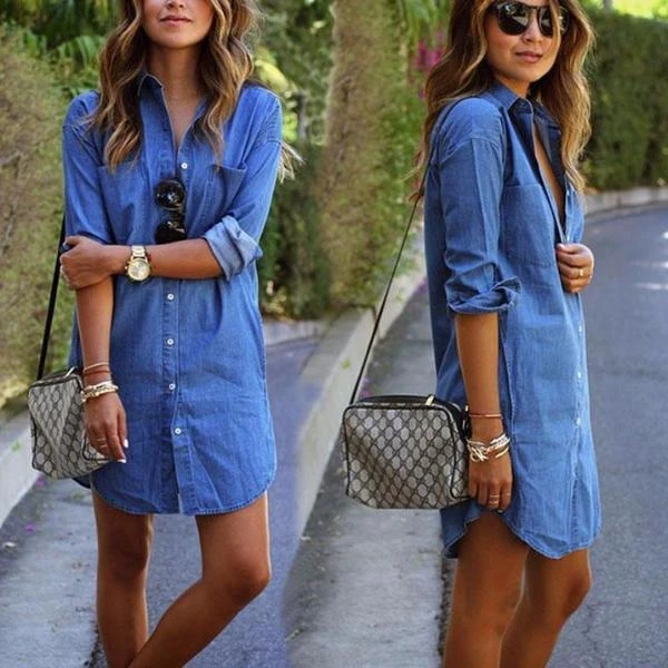 2018 mujeres Casual Denim vestidos bolsillos elegante vaquero mujeres Feminino camisa vestido - AliExpress