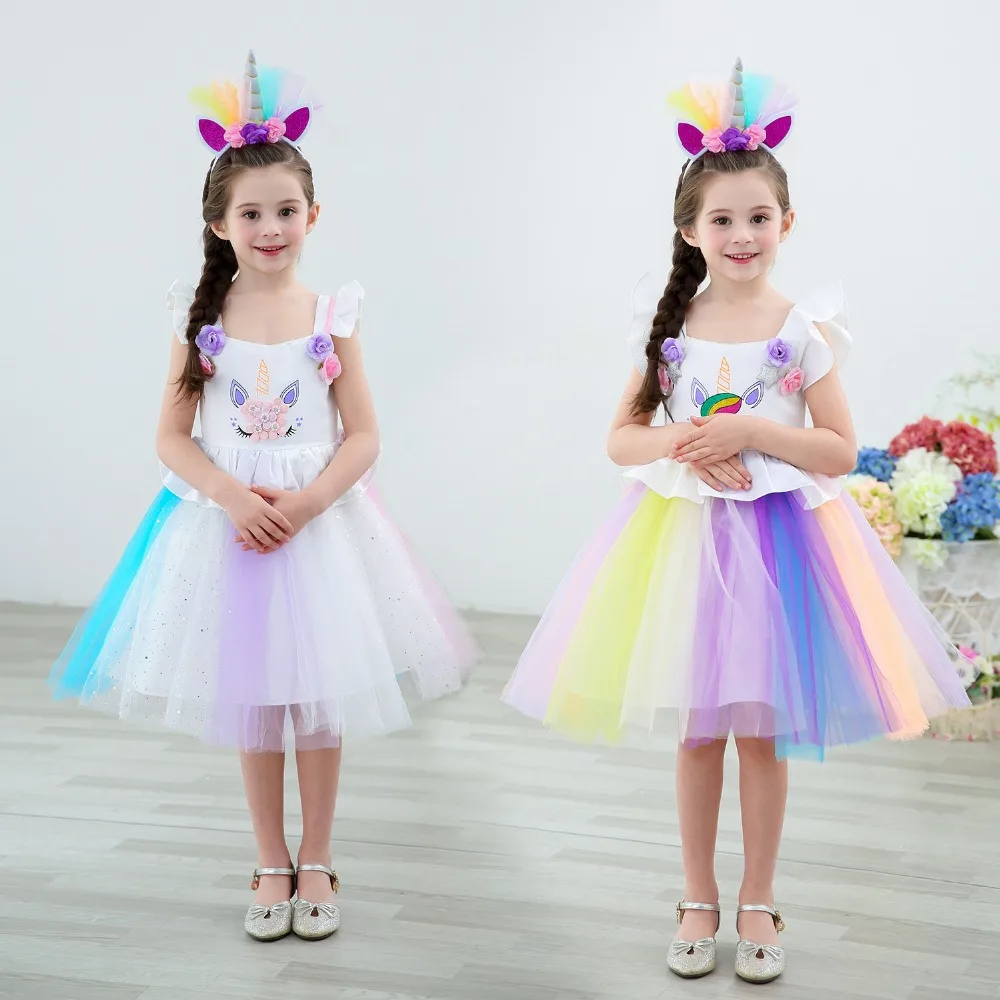 

2019 Girls Unicorn Princess Dress Rainbow Girls Unicorn Dress Toddler Kids Party Purim Carnival Costume For Kids Mesh Lace Dress
