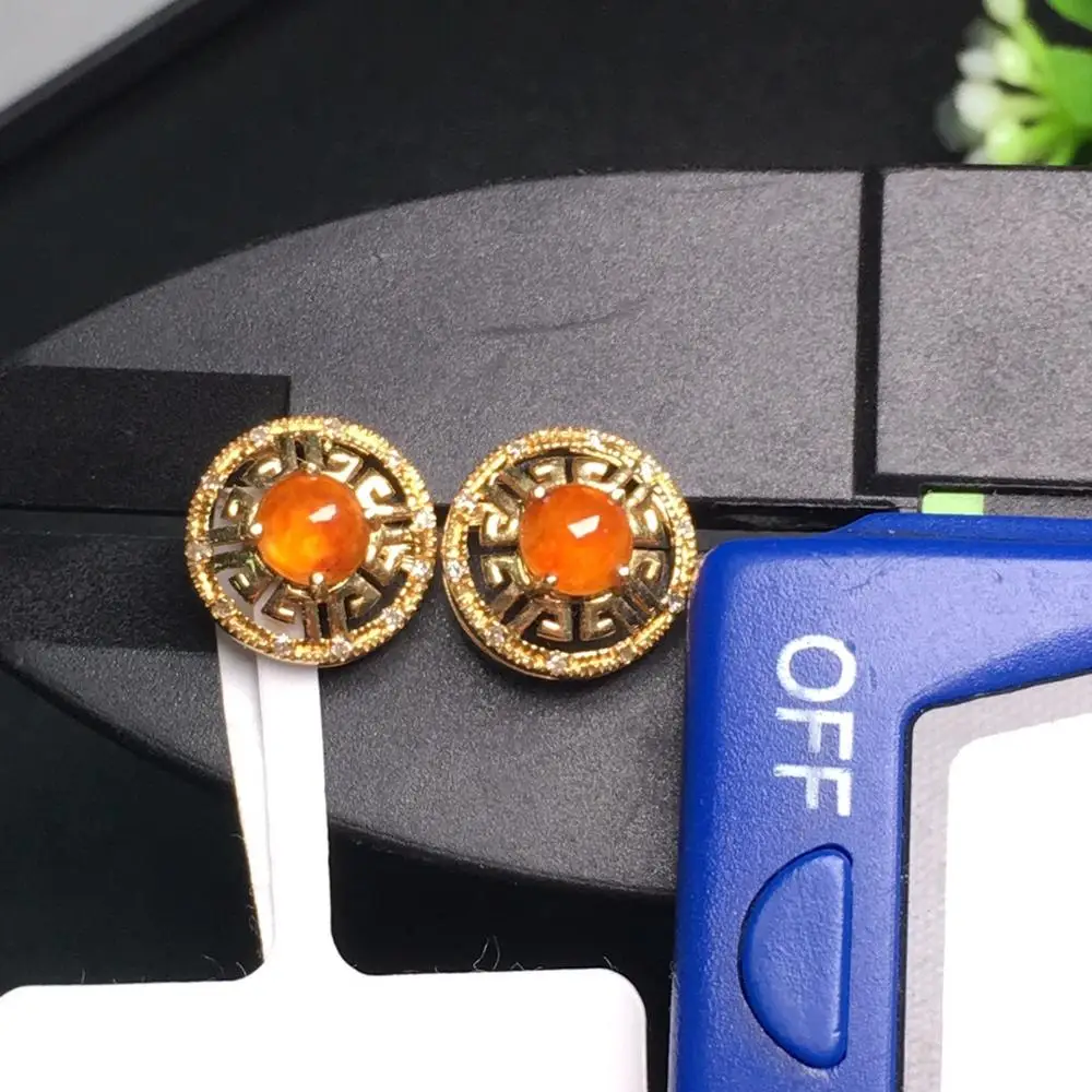 

607 Fine Jewelry Real Pure 18 K Yellow Gold AU750 100% Natural Red Jade Amulet Gemstone Myanmer Origin Stud Earrings for Women